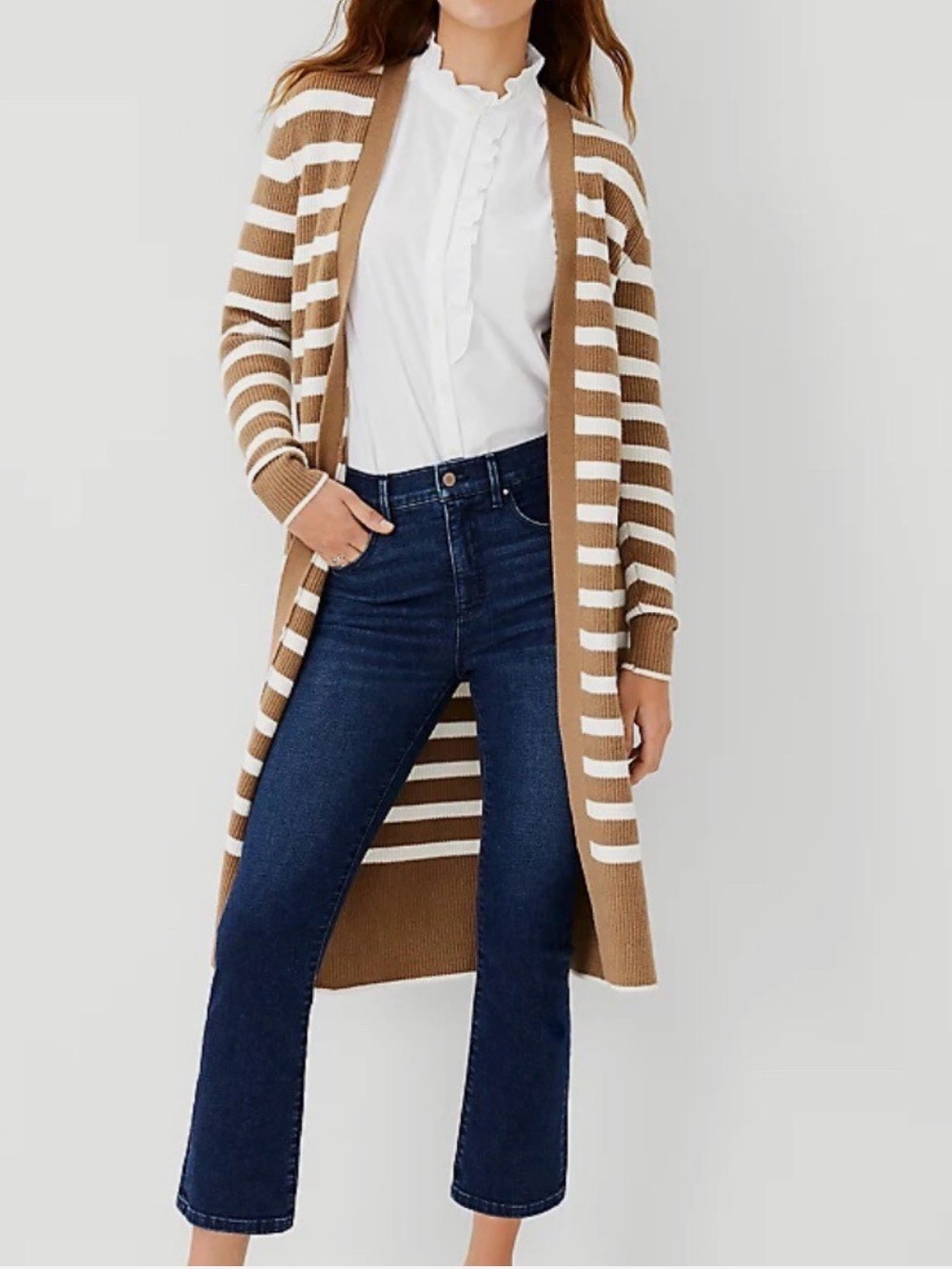 Ann Taylor Beige White Striped Long Cardigan Size XLP